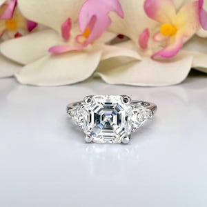 Asscher Cut Moissanite Engagement Ring With Pear Accents, 3 Stone Asscher Cut Moissanite Wedding Ring, 14k White Gold Ring For Her,   # 6037