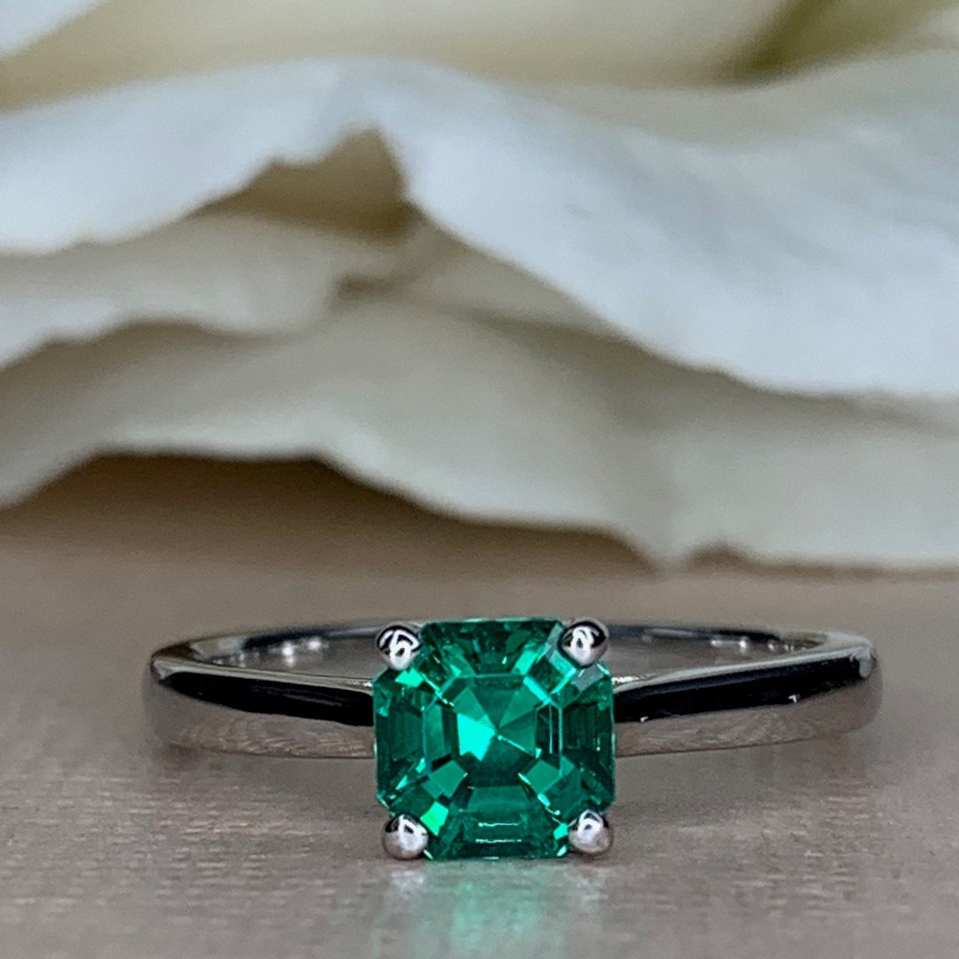 Asscher Cut Emerald Engagement Ring, Emerald Solitaire Ring 14k Yellow ...