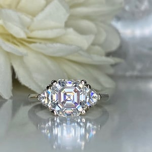 Asscher Cut Moissanite Engagement Rings , Solid White Gold Modern Wedding Rings Women , Three Stone Asscher Cut Moissanite Bridal Ring #4738