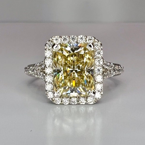 Radiant Cut Yellow Moissanite Halo Engagement Ring, 14k White Gold Radiant Cut Yellow Moissanite Wedding Ring, Moissanite Halo Ring   #6352