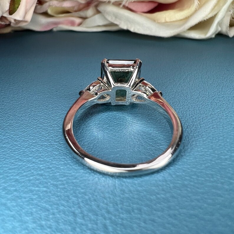 Emerald Cut Olive Green Sapphire Engagement Ring 14K White - Etsy