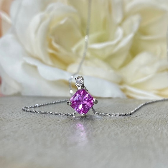 Radiant Cut Pink Sapphire Necklace, Elegant Halo Radiant Cut Pink Diamond  Necklace, Art Deco 14K Yellow Gold Pink Diamond Pendant For Woman.