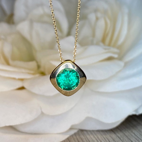 Emerald Pendant Necklace 14K Solid Gold, Floating Charm Necklace For Ladies, Bezel Set Green Emerald Pendant Necklace, Dainty Necklace #7084