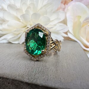 Oval Shaped Emerald and Diamond Statement Ring, Unique Handmade Vintage ...