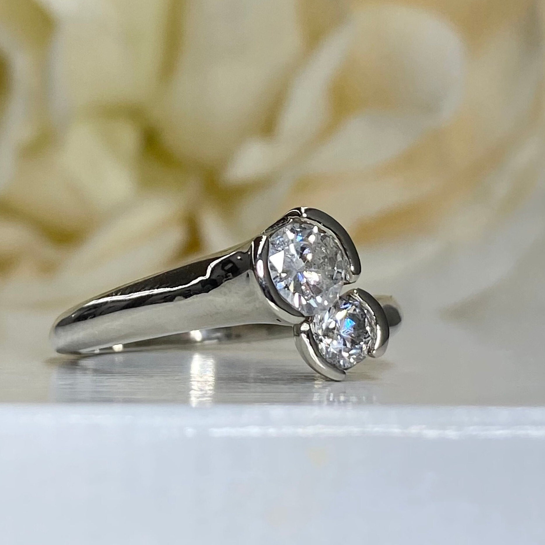 Round Diamond 2 Stone Bypass Ring 14k White Gold, Ladies Two Stone 