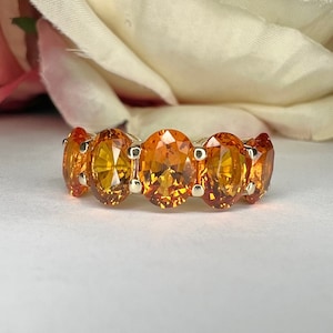 Half Eternity Wedding Band, Orange Sapphire Ring, 5 Stone Wedding Band, Anniversary Gift For Her, 14k Yellow Gold, Oval Cut Bands   #5961