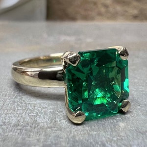 Asscher Cut Emerald Solitaire Engagement, 14k Yellow Gold Green Emerald ...