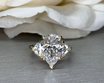 Moissanite Pear Shape Engagement Ring With Trillion Accents, Moissanite Pear Shape Wedding Ring, 14k Yellow Gold Three Stone Ring      #7118