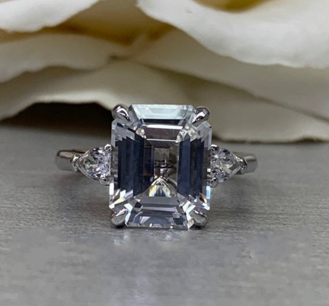 5 Ct Emerald Cut And Moonstone Moissanite Engagement Ring, Three Stone Wedding Ring, Anniversary Ring, Trilogy Promise Proposal Ring