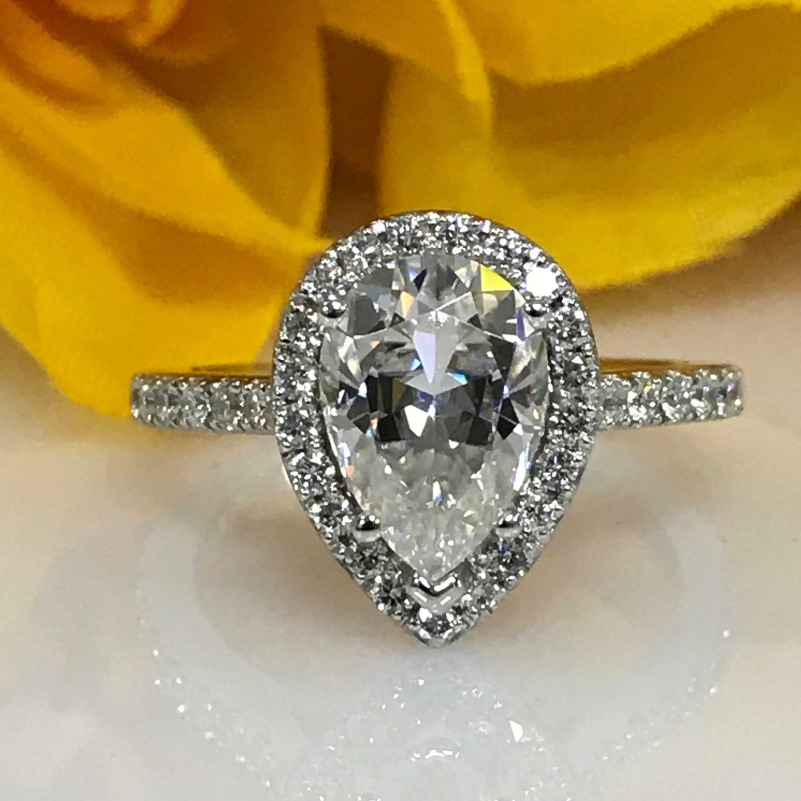 Pear Shaped Moissanite Engagement Ring With Halo 14K Solid Etsy