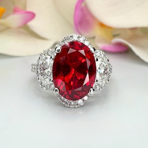 Oval Ruby and Lab Diamond Three Stone Ring 14K Solid Gold, Ruby Engagement Ring, July Birthstone Ring, Ruby Anniversary Gift For Her,  #8741