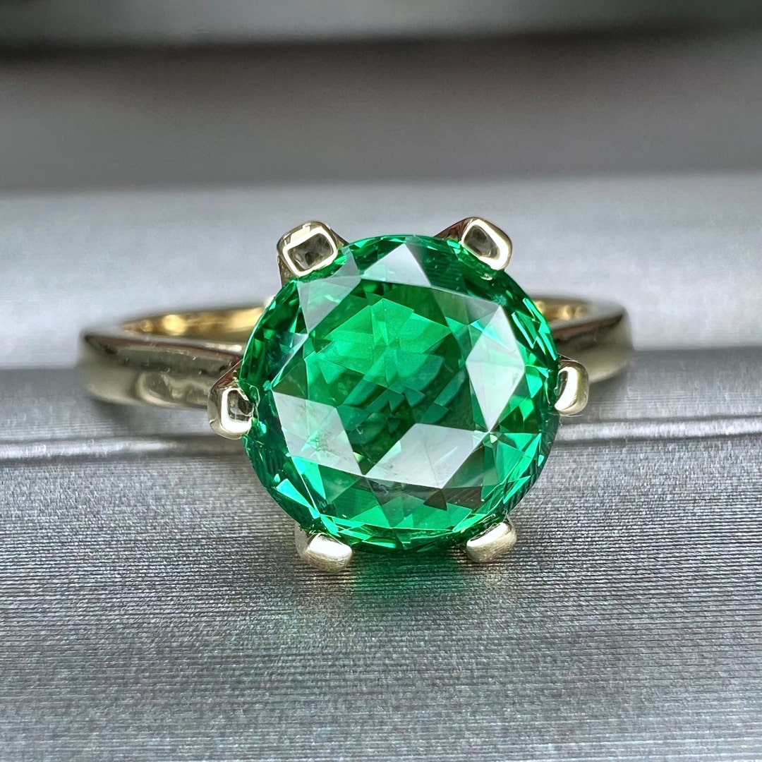 Round Solitaire Emerald Engagement Ring, Green Emerald Rose Cut ...