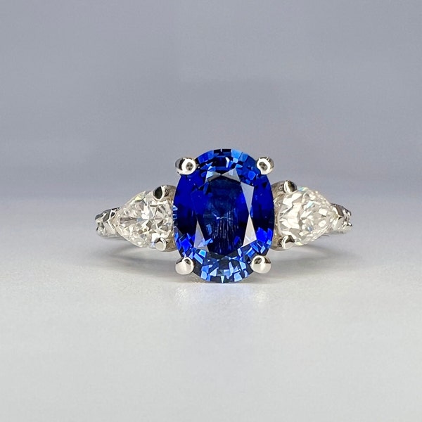 Blue Sapphire Engagement Ring 14K Solid Gold | Three Stone Ring |  Birthstone Jewelry | Unique Vintage Style Oval Blue Sapphire Ring  #8232