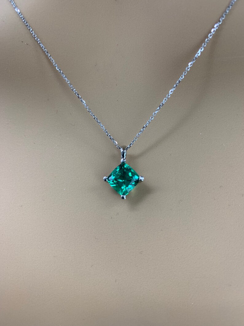 Cushion Cut Green Emerald Pendant Necklace Emerald 14k Gold Etsy