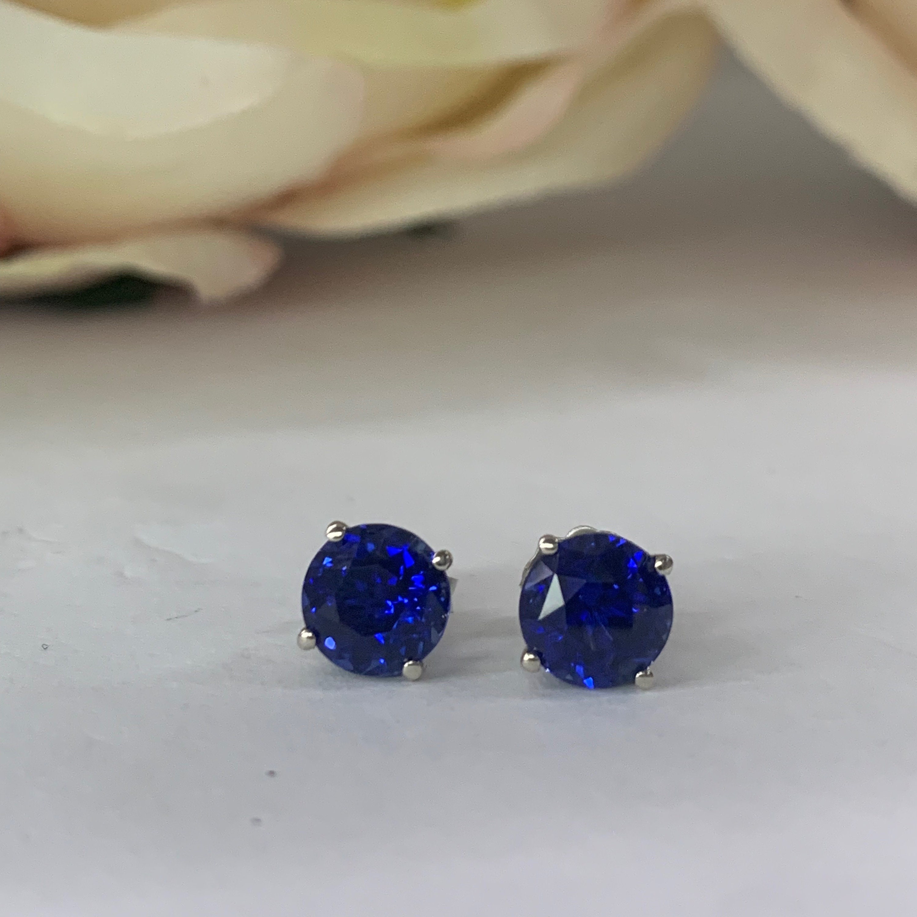 Round Blue Sapphire Stud Earrings 2.50ctw. In 14k White Gold | Etsy