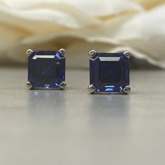 Blue Sapphire Earrings Sapphire Stud Earrings 14k White Gold, September  Birthstone Earrings, Asscher Cut Sapphire Stud Earrings, Studs,#6155