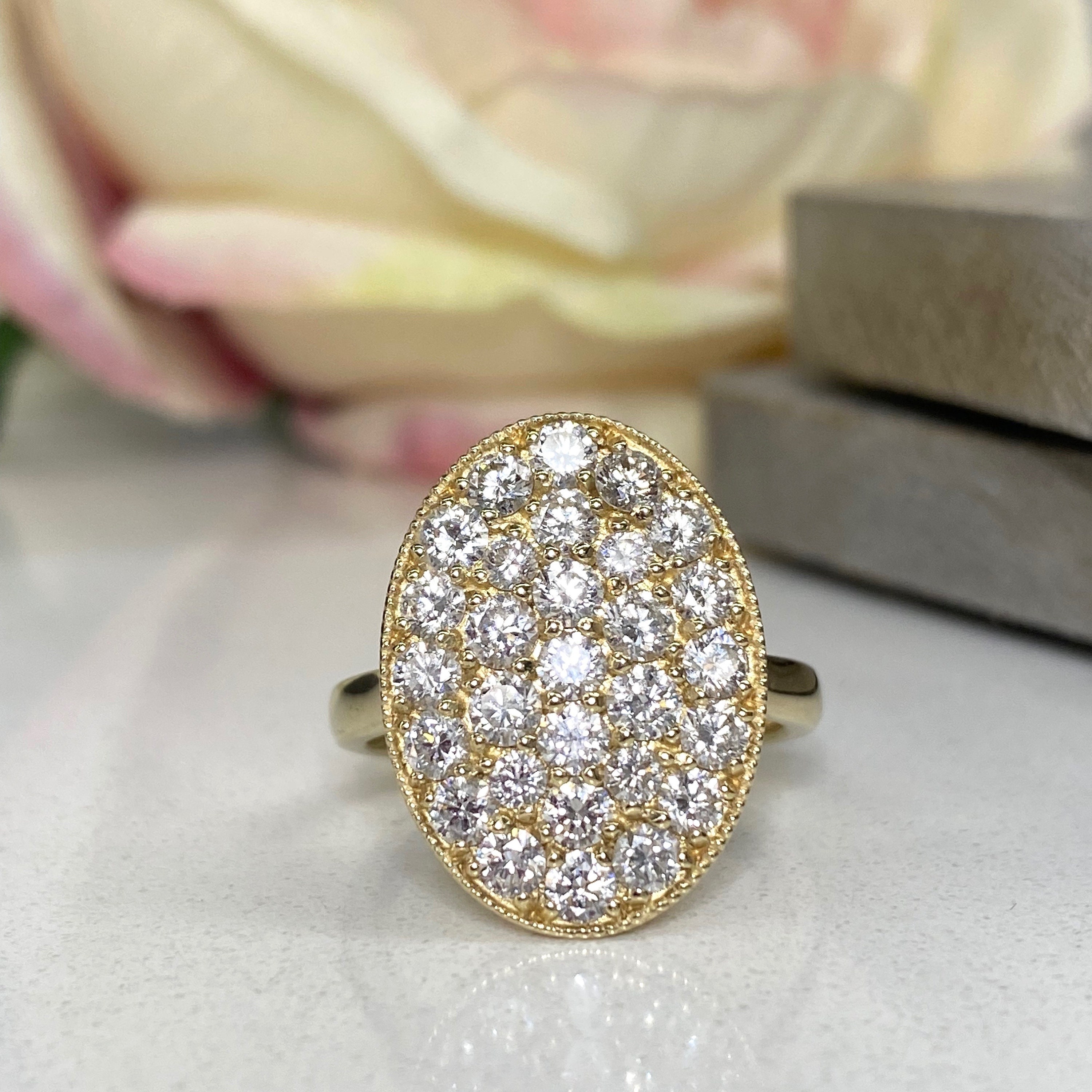 Oval Diamond Engagement Ring 14K Solid Yellow Gold , Oval Pave Moissanite Cluster Ring For Women , Diamonds Anniversary Ring, #7195