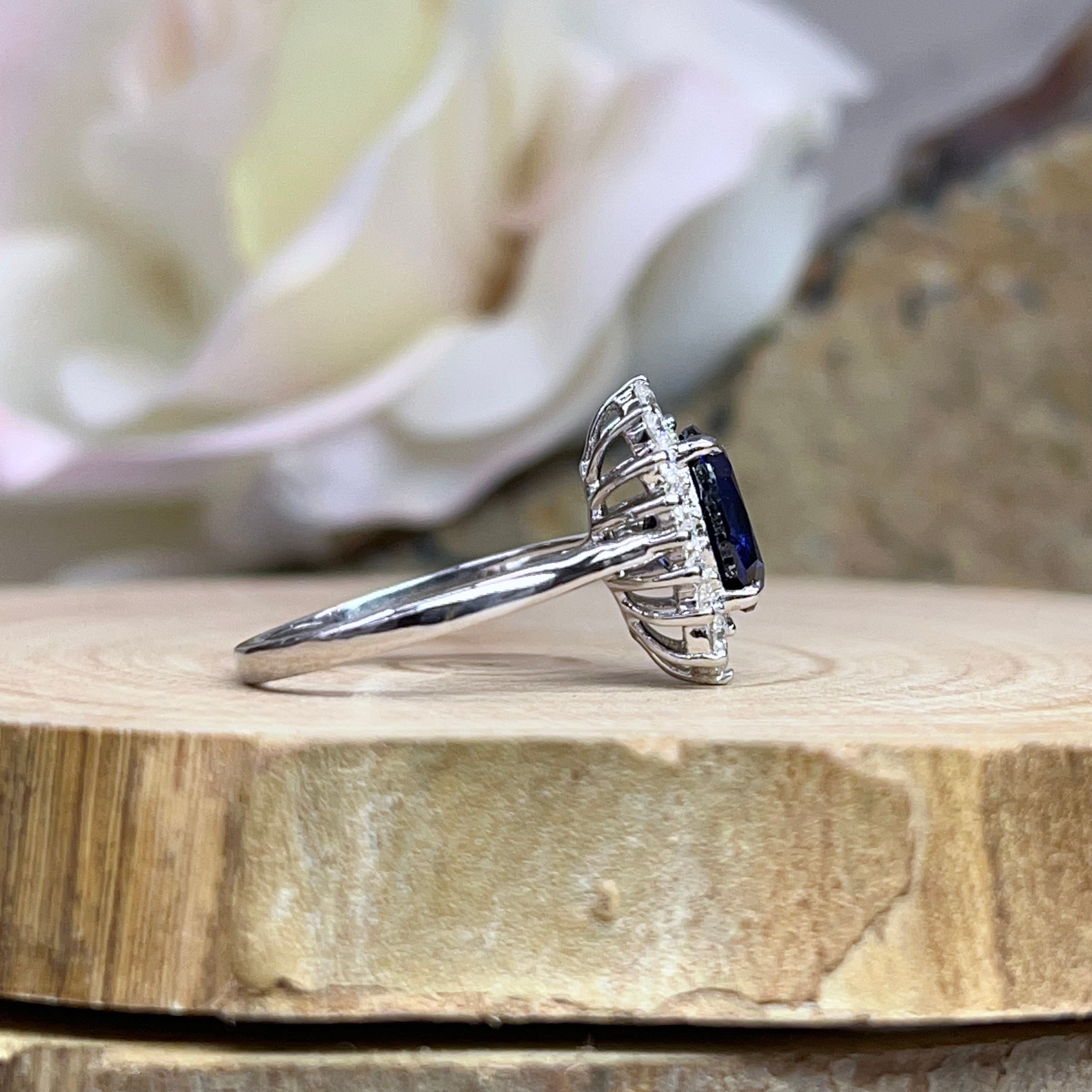 Oval Blue Sapphire Ring, 14K White Gold Halo Ring, Gatsby Style
