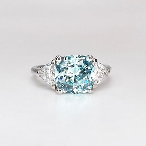 Cushion Cut Aquamarine Three Stone Engagement Ring 14K White Gold March Birthstone Ring Light Blue Aquamarine Wedding Anniversary Gift #7479
