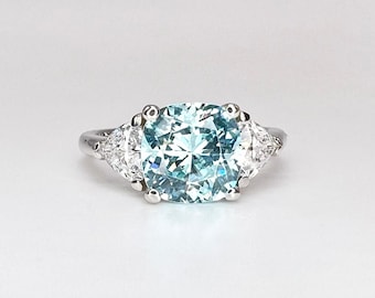 Cushion Cut Aquamarine Three Stone Engagement Ring 14K White Gold March Birthstone Ring Light Blue Aquamarine Wedding Anniversary Gift #7479