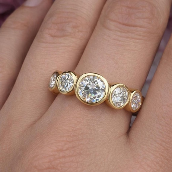 Bezel Set Lab Grown Diamond Half Eternity Band 14k Solid Gold Everyday Bezel Set Wedding Band #8923