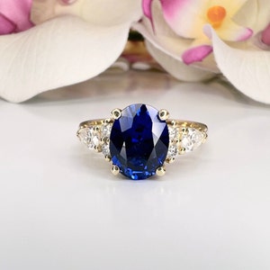 Oval Blue Sapphire and Lab Grown Diamond Engagement Ring 14K Solid Gold , September Birthstone Gift Ring For Her , Blue Sapphire Ring  #8391