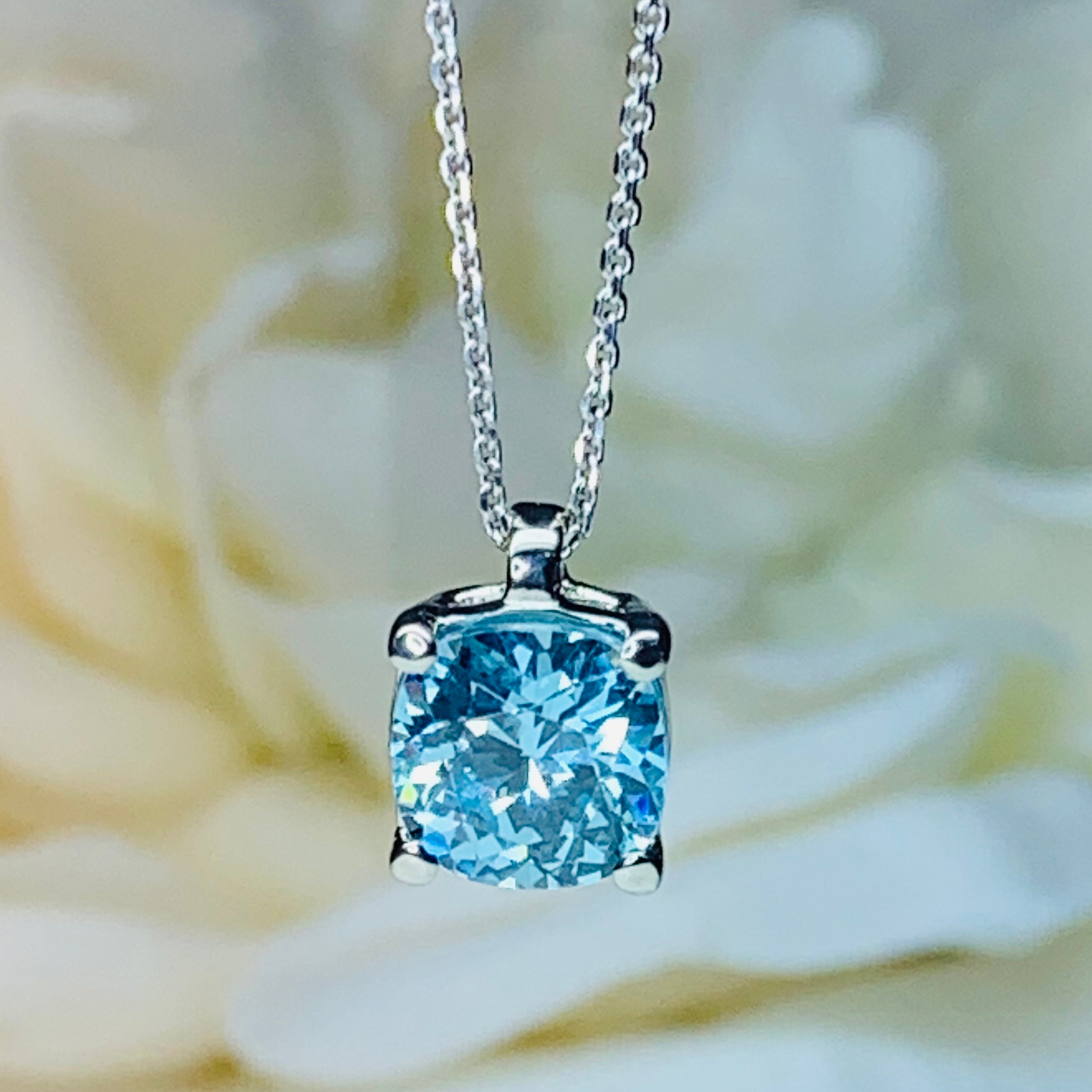 Aquamarine Pendant Necklace 14K Solid White Gold Cushion Cut For Ladies, Light Blue Aquamarine Dainty Necklace Mothers Day Gift Idea,  #7138