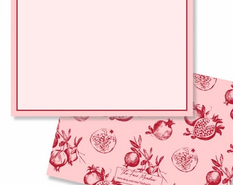 Pomegranate Stationery Personalized Note Card Pink and Red Flat Notecard Pomegranate pattern on back Return address in red font & ink option