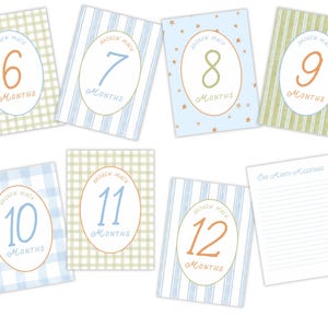 Puede incluir: Doce tarjetas de hitos para beb&eacute;s, azules y verdes, con fondo blanco. Cada tarjeta presenta un n&uacute;mero diferente del 6 al 12, con la palabra "meses" escrita debajo. Las tarjetas est&aacute;n dise&ntilde;adas con una variedad de patrones, incluyendo cuadros, rayas y estrellas. Las tarjetas tambi&eacute;n incluyen el nombre "Andrew Mack".