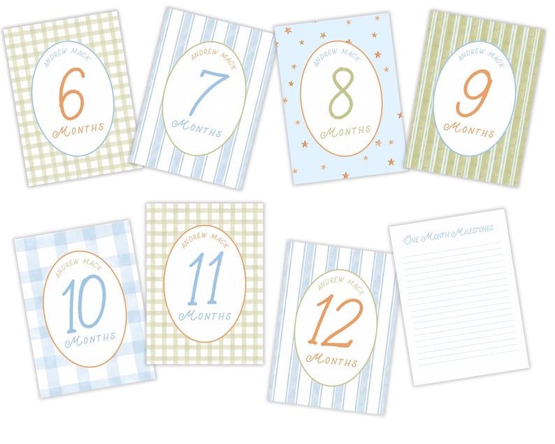 Puede incluir: Doce tarjetas de hitos para beb&eacute;s, azules y verdes, con fondo blanco. Cada tarjeta presenta un n&uacute;mero diferente del 6 al 12, con la palabra "meses" escrita debajo. Las tarjetas est&aacute;n dise&ntilde;adas con una variedad de patrones, incluyendo cuadros, rayas y estrellas. Las tarjetas tambi&eacute;n incluyen el nombre "Andrew Mack".
