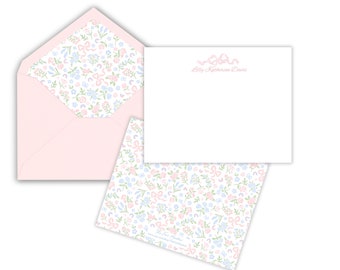 Baby Thank You Cards Personalized Floral Pink Bow Little Girl Stationery Pink Ribbon and Blue Flowers, From the Nursery of Notecards