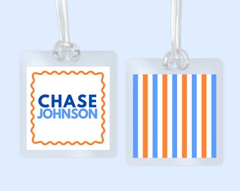 School Bag Tag Laminated Blue and Orange  Bag Tag Personalized Backpack tag for Day Care Bag Boys Luggage tag with Stripes