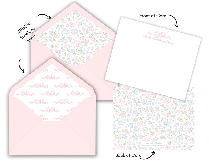 May include: Pink envelope liner with a white background and a pattern of pink ribbons. The back of the card has a white background with a pattern of pink, blue, and green flowers and ribbons. The front of the card is blank with the text "Lily Katherine Davis" in pink.
