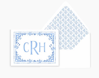 Blue and White Chinoiserie Note Cards Monogram Stationery  Matching Envelope Liner and Return Address optional. Available in blue or pink