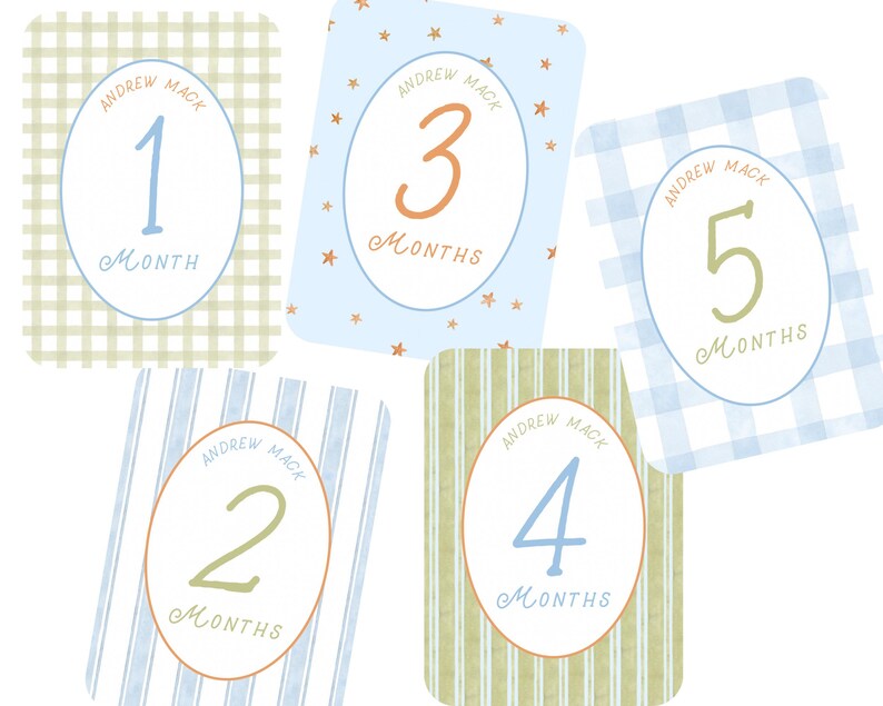Puede incluir: Cinco tarjetas de hitos para beb&eacute;s de color azul y verde con un &oacute;valo blanco en el centro. Cada tarjeta tiene un n&uacute;mero diferente del 1 al 5 con la palabra "MES" o "MESES" debajo. Las tarjetas est&aacute;n decoradas con un patr&oacute;n a cuadros, rayas y estrellas.