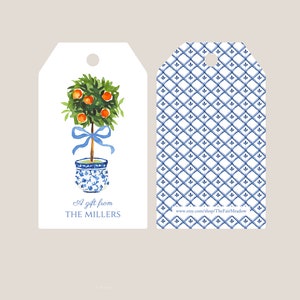 Topiary Gift Tag Personalized Hostess Gift, Chinoiserie Family Gift Tag, Blue and White Birthday wrap (T01) Blue Pattern