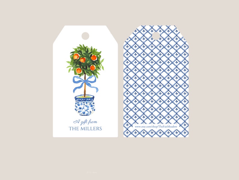 Topiary Gift Tag Personalized Hostess Gift, Chinoiserie Family Gift Tag, Blue and White Birthday wrap (T01) Blue Pattern