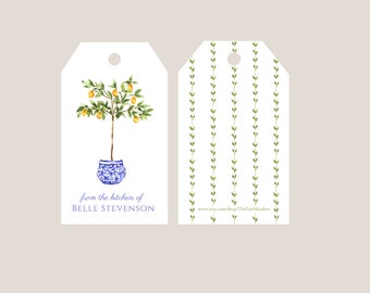 Lemon Topiary Gift Tag Personalized Chinoiserie Gift Tag, Blue and White Birthday gift wrap, From the kitchen of tags, Hostess Gift.