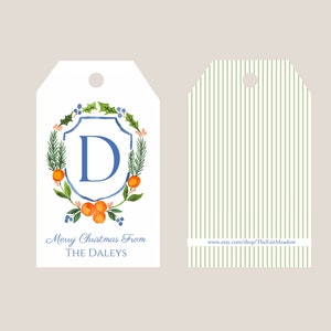 Christmas Gift Tag Orange and Holly Wreath Blue Bow Holiday Hang Tag Personalized  (H20)