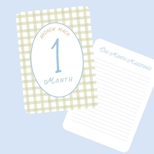 Baby milestone cards perfect for monthly photos of baby. Personalized with baby’s name and lined back for you to write down milestones. Makes a great baby keepsake or baby shower gift. Perfect for boys or girls. Gender neutral color and style.