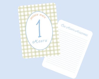 Baby Milestone Cards Personalized Blue Green Orange Gingham and stripes. Monthly Photo Cards personalized with baby name.