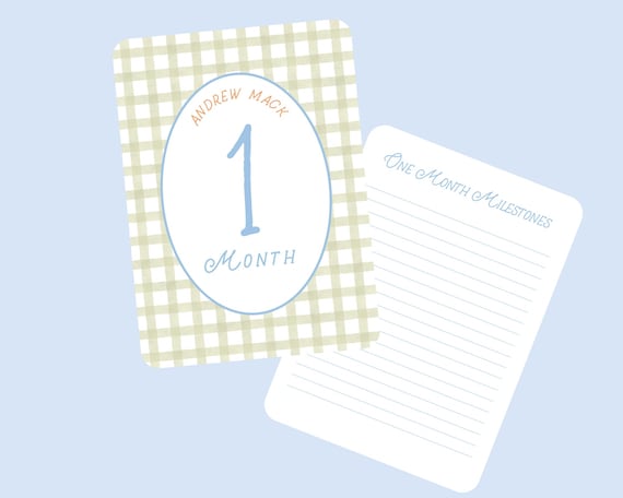 Baby Milestone Cards Personalized Blue Green Orange Gingham and stripes. Monthly Photo Cards personalized with baby name.