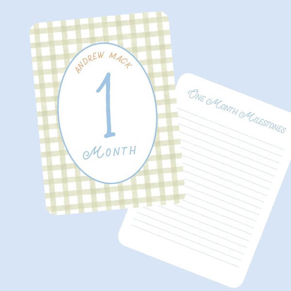 Baby Milestone Cards Personalized Blue Green Orange Gingham and stripes. Monthly Photo Cards personalized with baby name.