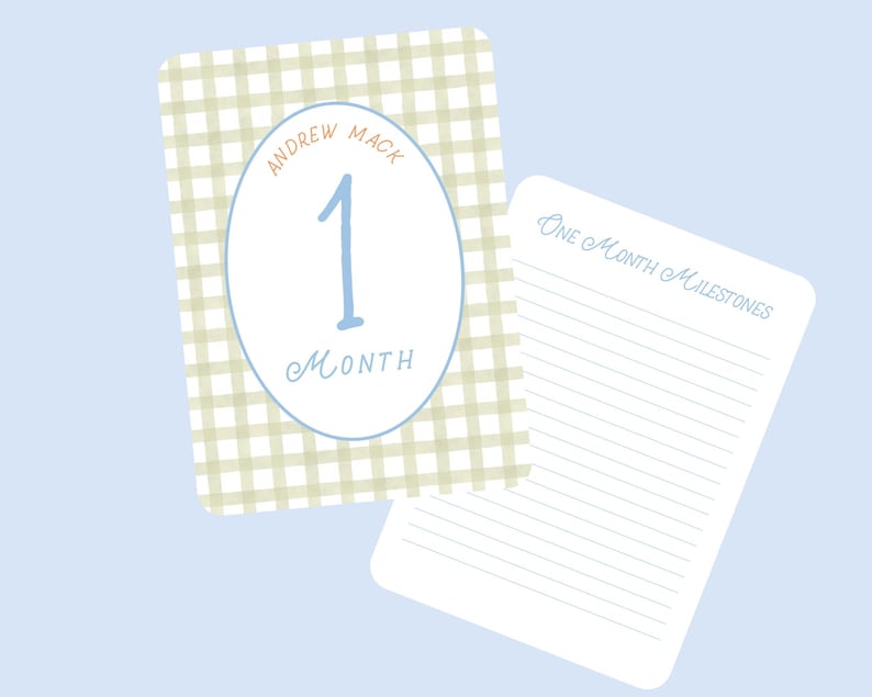 Baby milestone cards perfect for monthly photos of baby. Personalized with baby’s name and lined back for you to write down milestones. Makes a great baby keepsake or baby shower gift. Perfect for boys or girls. Gender neutral color and style.
