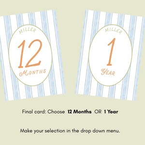 Tarjetas de hitos del bebé personalizadas en azul, verde y naranja con cuadros y rayas. Tarjetas mensuales con foto personalizadas con el nombre del bebé. imagen 5