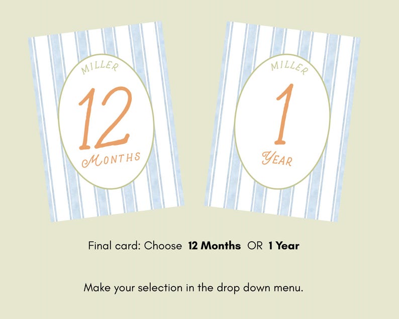 Tarjetas de hitos del bebé personalizadas en azul, verde y naranja con cuadros y rayas. Tarjetas mensuales con foto personalizadas con el nombre del bebé. imagen 5