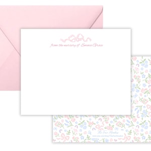 May include: Pink and white stationery set with a floral pattern and the text "from the nursery of Emma Grace" and "The Fox Meadow".
