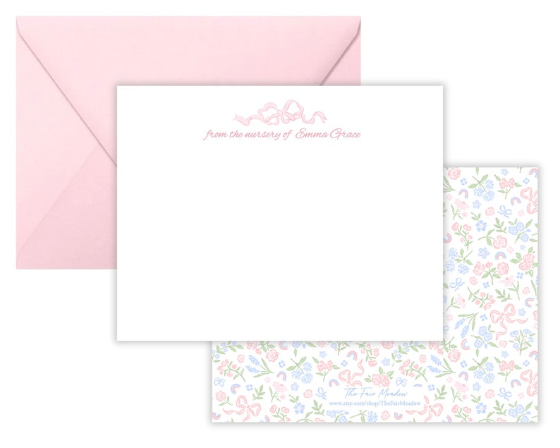 May include: Pink and white stationery set with a floral pattern and the text "from the nursery of Emma Grace" and "The Fox Meadow".