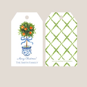 Topiary Gift Tag Personalized Hostess Gift, Chinoiserie Family Gift Tag, Blue and White Birthday wrap (T01) bild 4