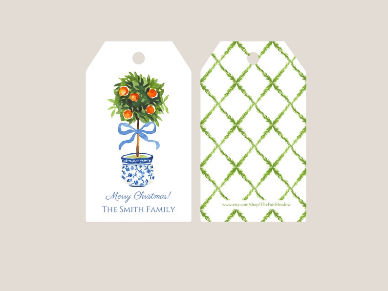 Topiary Gift Tag Personalized Hostess Gift, Chinoiserie Family Gift Tag, Blue and White Birthday wrap (T01) bild 4